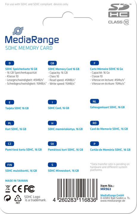 Immagine prodotto MediaRange Scheda di memoria SDHC classe 10 (16 GB, SDHC, U1)