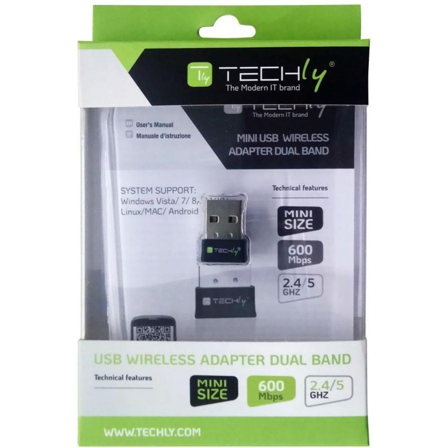 Thumbnail - Techly 109252 Mini bezprzewodowa karta sieciowa USB Wi-Fi Dual Band 2.4/5GHz AC600 (USB), Netzwerkadapter, Schwarz