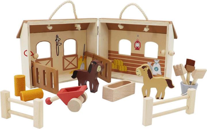 Produktbild Holz-Pferdestall-Spielset, tragbar, 13-teilig.
