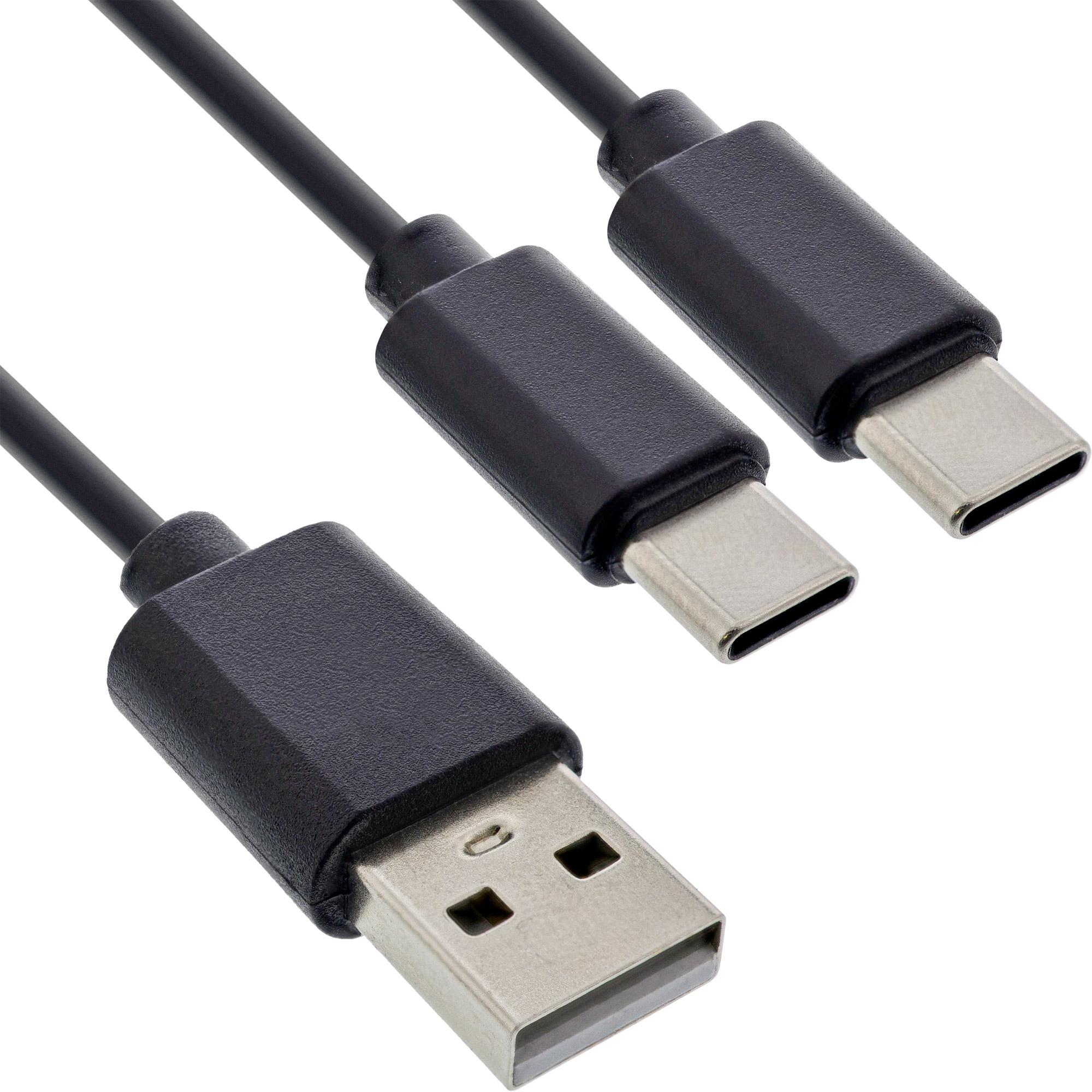 InLine USB 2in1 Y-Ladekabel, 1x USB-A Stecker an 2x USB-C Stecker, schwarz, 1m (1 m, USB 2.0), USB Kabel