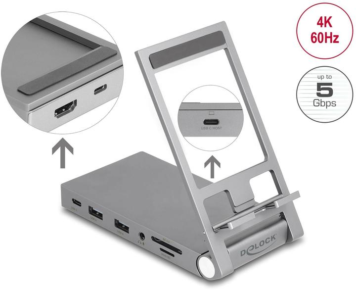 Immagine prodotto Delock Stazione di aggancio per tablet e notebook 4K con sistema integrato (USB-C, 5 Porti)
