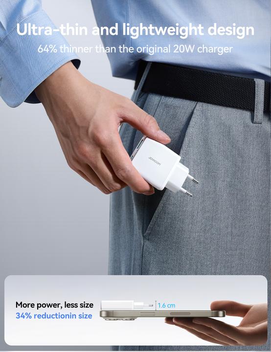 Actual product image Joyroom Ultrathin Wall Charger Double Port USB-C+USB-A, 20w - White (20 W, 2 ports)