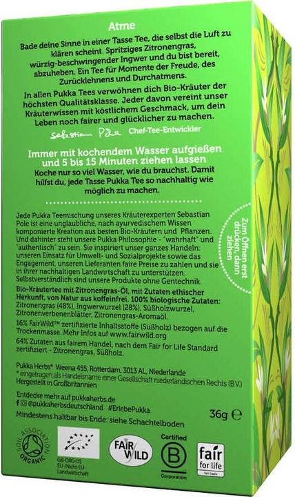 Nährwerte und Zutaten Pukka Zitronengras & Ingwer (36 g)