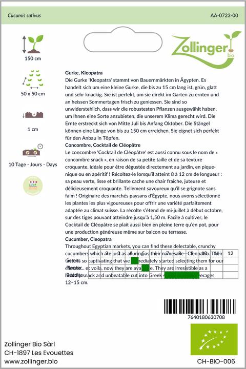 Image du produit Zollinger Bio Concombre, Cléopâtre (Graines de légumes)
