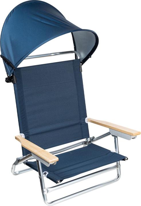 HI Strandstuhl mit Sonnenschutz, verstellbarer Rückenlehne & hölzernen Armlehnen