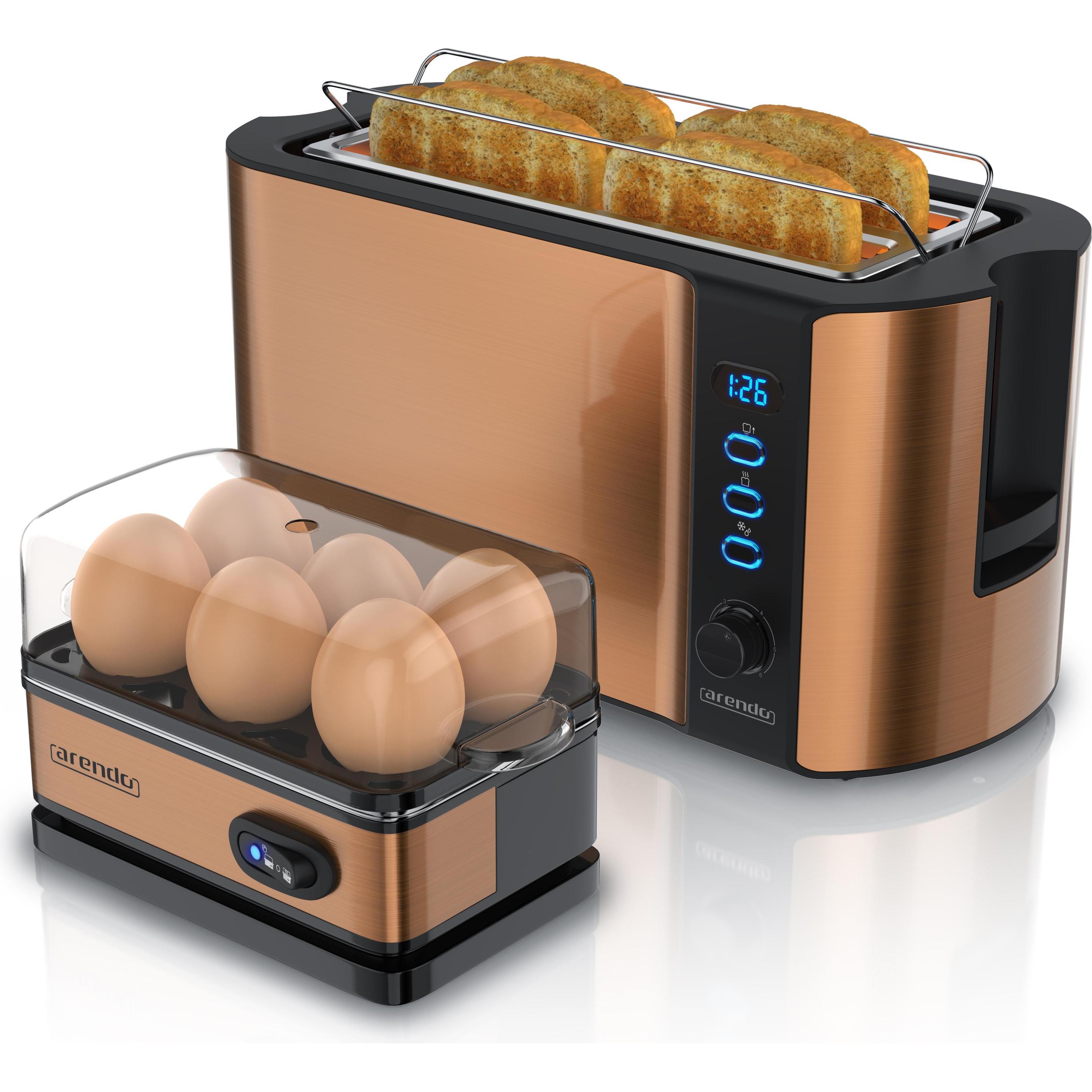 Arendo Frühstücks Set, 4-Scheiben Langschlitz Toaster mit Brötchenaufsatz & Eierkocher für 6 Eier, Kupfer, Eierkocher, K...