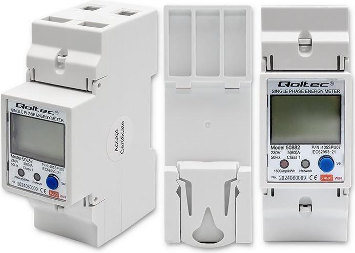 Produktbild Qoltec 50882 Single phase electronic energy consumption meter for DIN rail | Wi-Fi | TUYA | 230V | L