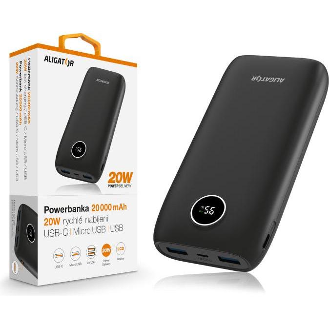 Aligator Powerbank PD20W+QC22.5W / 20000mAh / schwarz (20000 mAh, 20 W), Powerbank, Nero