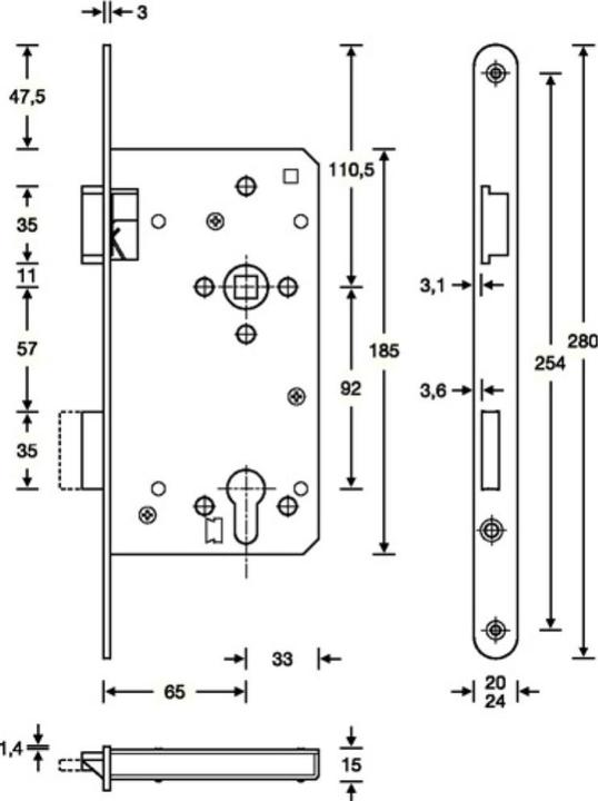 Actual product image SSF Front door mortice lock PZW 20/65/92/10 mm DIN right silver rounded (Mortise lock)