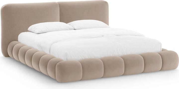 Micadoni Lit Coffre en Velours Avec Tête de Lit, "Solange", Amande Beige, 236x222x90 Fabriqué en Europe (180 x 200 cm)