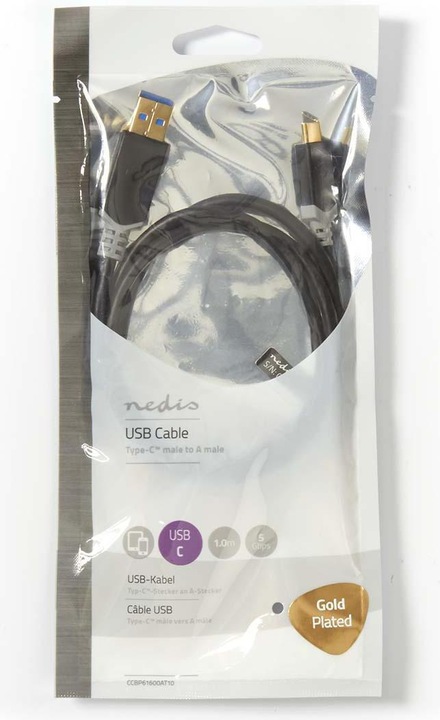 Produktbild Nedis USB-Kabel USB 3.2 Gen 1 USB-A Stecker USB-Typ-C T Stecker 5 Gbps 60 W Vergoldet 1.00 m run (1 m, USB 3.2 Gen 1)