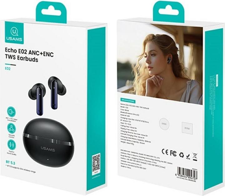 Produktbild Usams Earphones Bluetooth Echo E02 TWS ANC+ENC wireless black (ANC, 4 h, Kabellos)