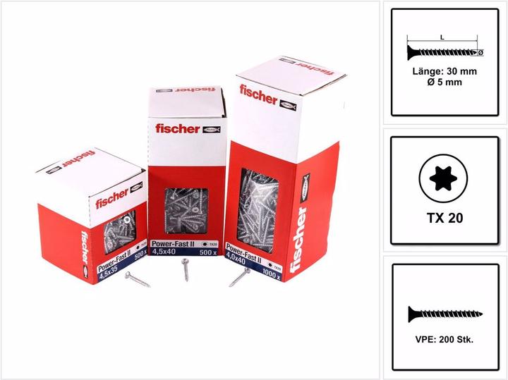Produktbild Fischer PowerFast II 5,0x30 SK TX VG blvz 200 (200 Schrauben pro Stück)