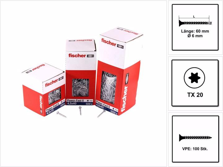 Actual product image Fischer Power-Fast II FPF II Chipboard screw 6,0x60 mm 100 pieces ( 670455 ) countersunk head with Torx Vo (1 Screws per piece)