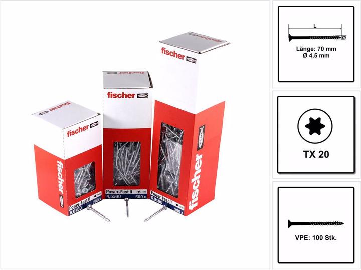 Actual product image Fischer Power-Fast II FPF II chipboard screw 4,5x70 mm 100 pieces ( 670276 ) countersunk head with Torx Te (1 Screws per piece)
