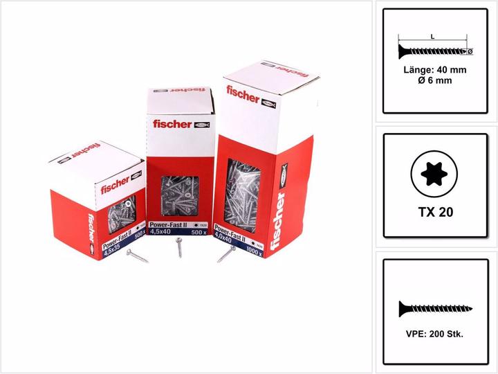 Produktbild Fischer Power-Fast II FPF II Spanplattenschraube 6,0x40 mm 200 Stück ( 670450 ) Senkkopf mit Torx Vo (200 Schrauben pro Stück)