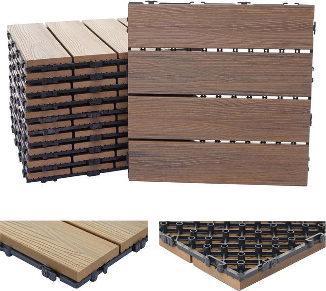 Swisshandel24 WPC Bodenfliese, Holzoptik Balkon/Terrasse, 3D-Struktur linear 11x je 30x30cm = 1qm, geprägt-braun (11x, 30 x 30 cm)