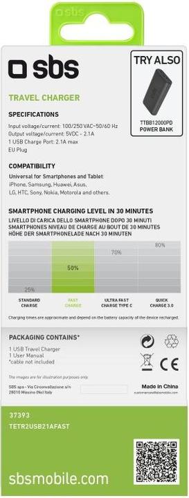 Image du produit SBS Chargeur de voyage de 2100 mAh (11 W, 1 portion)