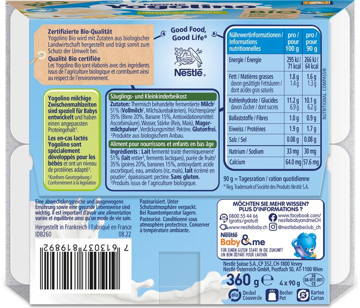 Valeurs nutritives et ingrédients Yogolino Bio Pear & Banana - Après 6 mois (360 g)