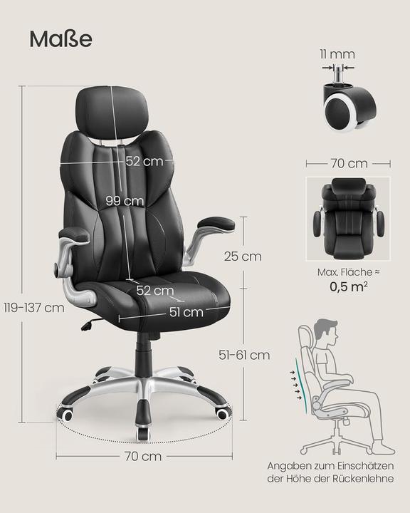 Produktbild Songmics Bürostuhl Gaming Verstellbar Kopfstütze Armlehnen Schwarz (45 - 53 cm)
