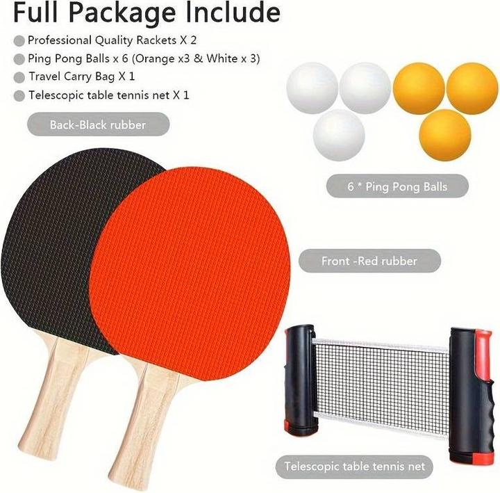 Actual product image PhoneLook Semi-professional ping-pong game set with 6 balls, 2 ping-pong rackets and extendable net