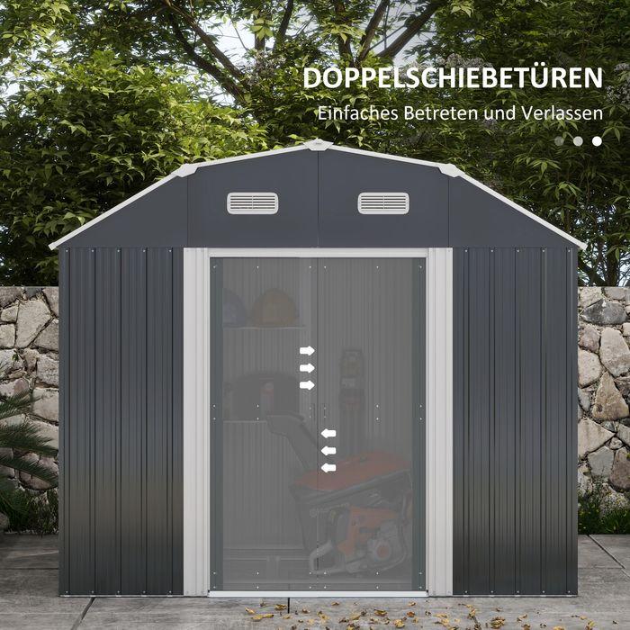 Actual product image Swisshandel24 Gerätehaus Stahl 2,7m² UV-Schutz 2 Schiebetüren Regal Fundament Dunkelgrau 238x132x198,5cm