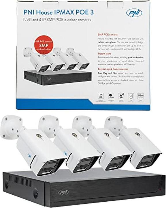 Produktbild PNI House IPMAX POE 3 Videoüberwachungspaket, NVR mit 4 POE-Ports, ONVIF und 4 3MP IP-Kameras, Outdo (2304 x 1296 Pixels)