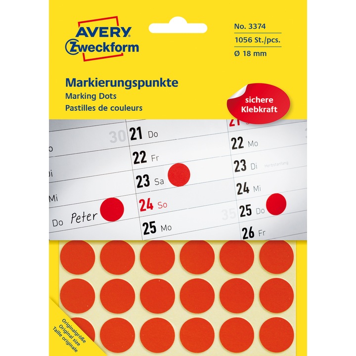 Produktbild Avery Zweckform Markierungspunkte, Durchmesser 18 mm, rot Inhalt: 1056 Etiketten