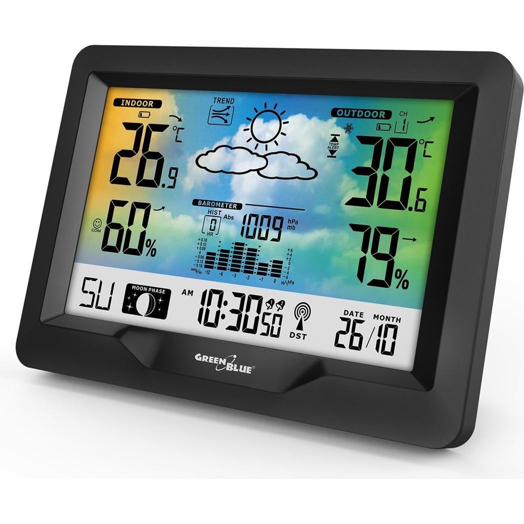 Greenblue Funkwetterstation Farbe mit DCF Mondphasen Barometer Kalender Netzteil GB540N, Wetterstation, Schwarz