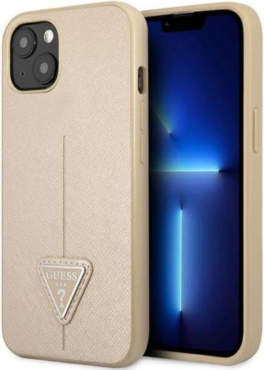 Actual product image Guess GUHCP14MPSATLE iPhone 14 Plus 6.7" beżowy/beige hardcase SaffianoTriangle Logo (Apple iPhone 15 Plus, Apple iPhone 14 Plus)