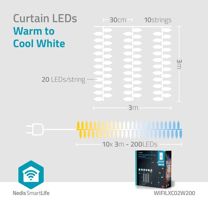 Produktbild Nedis SmartLife Dekorative LED | Vorhang | Wi-Fi | Warm bis kühlen weiss | 200 LED's | 3 m | Android™ (0.20 m)