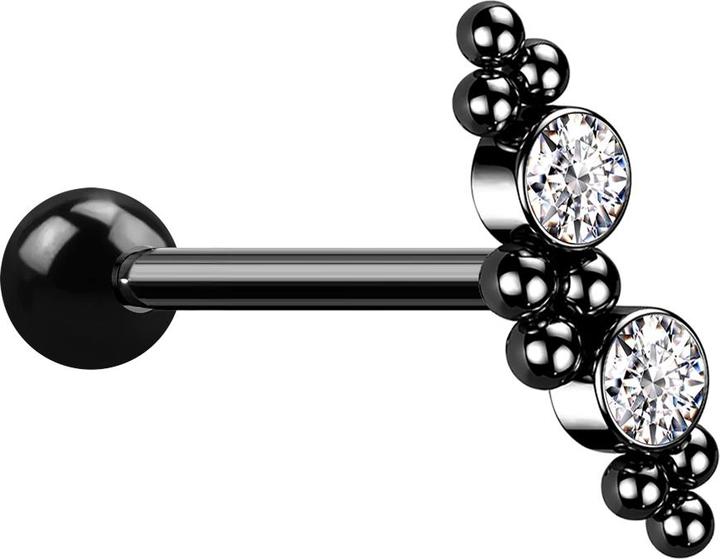 Produktbild Star Piercing Micro Barbell schwarz mit Kugel zwei Kristallen silber und Kugeln (ohne Messing, Chirurgenstahl 316L)