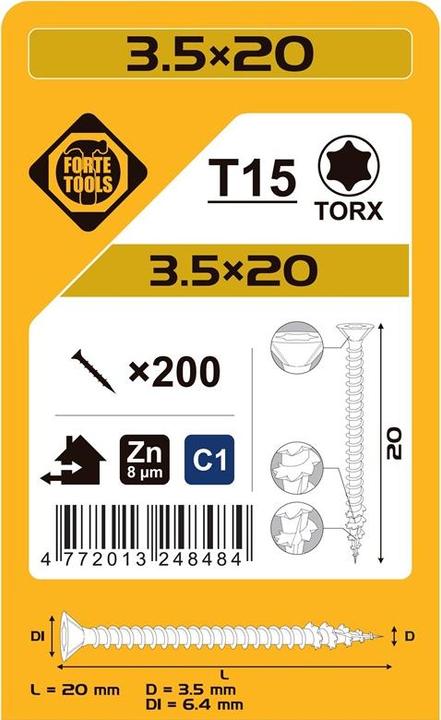 Actual product image Forte tools CHIPBOARD SCR T15 3.5X20 WHITE ZN(200) (200 Screws per piece)