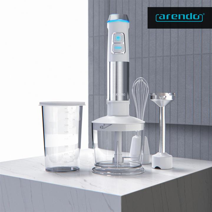 Produktbild Arendo Stabmixer 1200W, Pürierstab Edelstahl Set mit Messbecher, Zerkleinerer, Schneebesen, DC Motor, Weiss