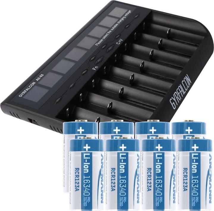 Immagine prodotto AccuCell 8x caricatore rapido e 8 pezzi CR123 A batteria Li-ion (1 pz., CR123A, 760 mAh, Batteria + Caricabatterie)