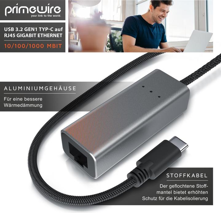 Immagine prodotto Primewire Adattatore di rete, adattatore di rete da USB-C a RJ45 Gigabit, convertitore di scheda di rete (USB-C 3.2 Gen 1, RJ45 (1x))