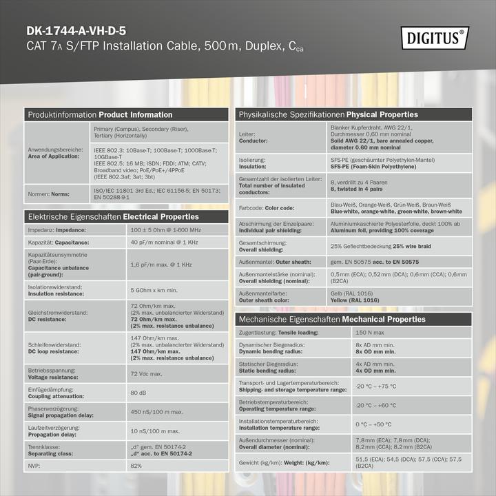 Actual product image Digitus CAT 7A S-FTP installation cable, 1500 MHz Cca, (EN 50575), AWG 22/1, 500 m reel, yellow (SFTP, CAT7a, 500 m)