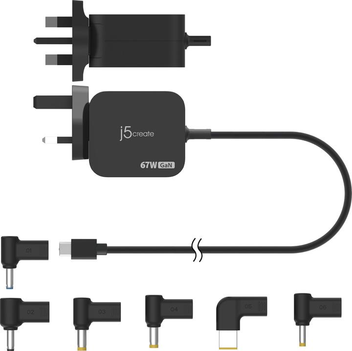 Actual product image j5Create JUP1565DC 67W GaN PD USB-C® Mini Charger with 6 Types of DC Connector-UK, Black, Indoor, AC (67 W)