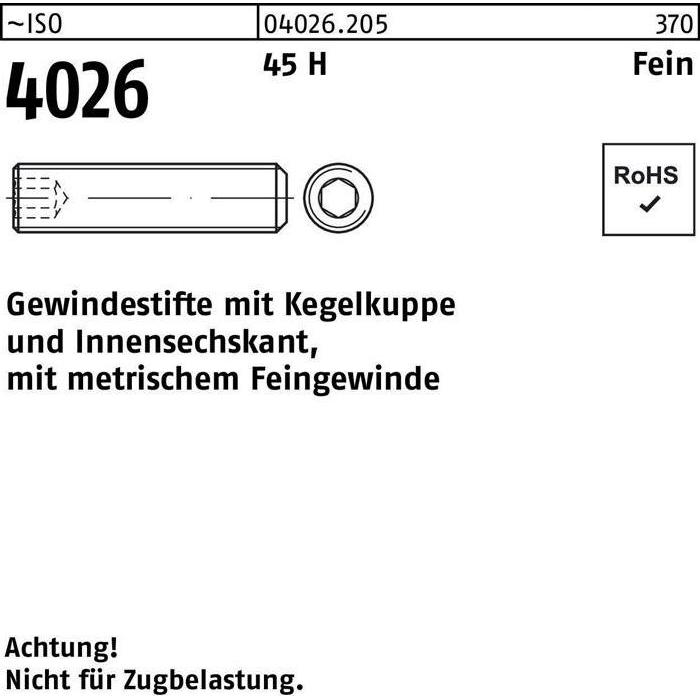 Schrauben, Gewindestift ISO 4026 Kegelkuppe/Innen-6-kant M12 x 1,25x 40 45 H (100 Schrauben pro Stück)