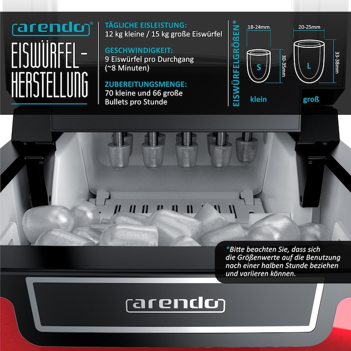 Actual product image Arendo Ice cube machine, 1.8 litre ice cube maker, 9 ice cubes in 8 minutes, 105W ice cube maker, red