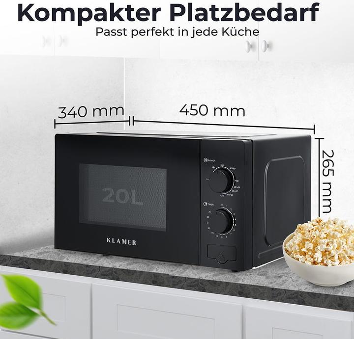 Produktbild KLAMER Mikrowelle 20 Liter, 700 Watt, 9 Leistungsstufen inklusive Grill- und Auftaufunktion, 35… (20 l)