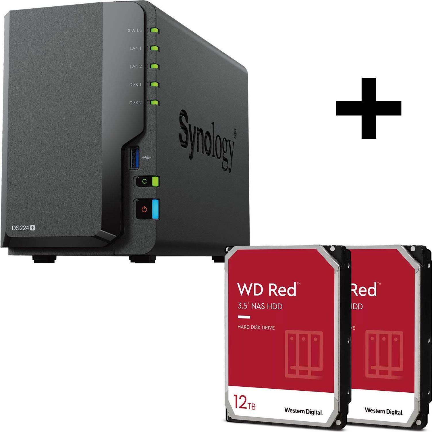 Synology DiskStation DS224+ 2 Einschübe NAS-Server Leergehäuse + 24TB WD RED Plus (2 x 12 TB, WD Red