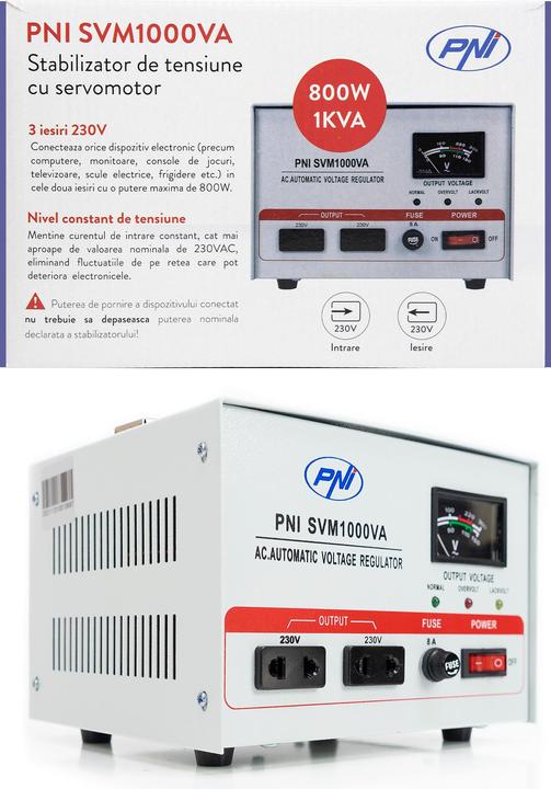 Produktbild PNI Spannungsstabilisator SVM1000VA mit Servomotor, 800 W, 3,6 A, Ausgang 230 V (1000 VA, 800 W, Online-Doppelwandler USV)