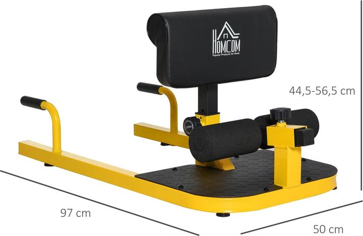 Produktbild Homcom Sissy Squat 3 in 1 Bein-Bauch-Gesäss-Trainer verstellbar bis 120 kg Stahl Gelb+Schwarz 50x97x44,5–56