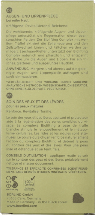 Valeurs nutritives et ingrédients Annemarie Börlind Crème Biolifting Contour des Yeux & des Lèvres (Crème, 15 ml)