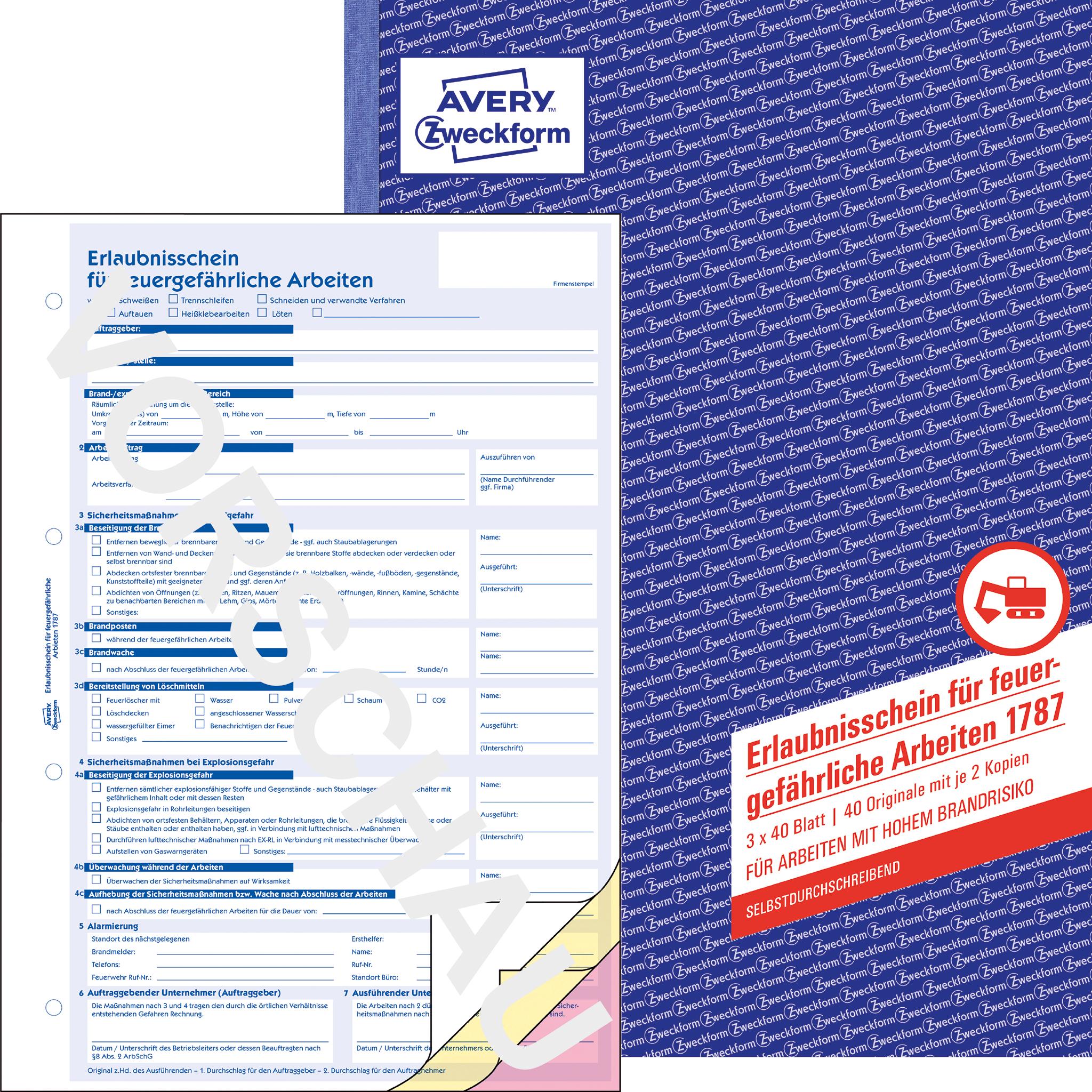 Avery, Formular, Erlaubnisschein feuergefährliche Arbeiten DIN A4 selbstdurchschreibend 2 Durchschläge 3 x 40 Bl. (40 x)