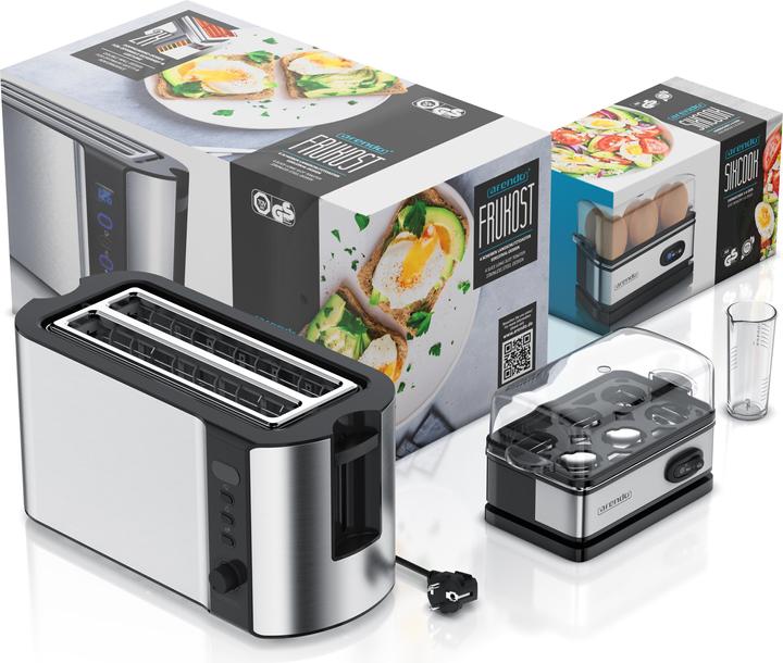 Actual product image Arendo Breakfast set, 4 slice long slot toaster with bread roll top & egg boiler for 6 eggs, silver