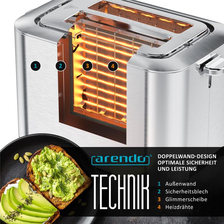 Image du produit Arendo Toaster 2 Scheiben Edelstahl, Doppelwand, Brötchenaufsatz, Krümelschublade, Touchdisplay, 850 W