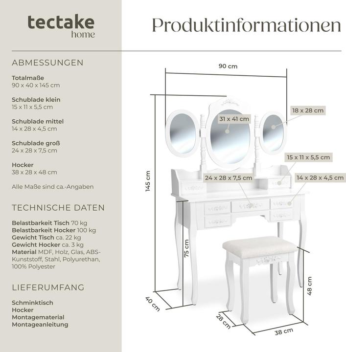 Image du produit tectake Coiffeuse (40 x 40 x 145 cm)