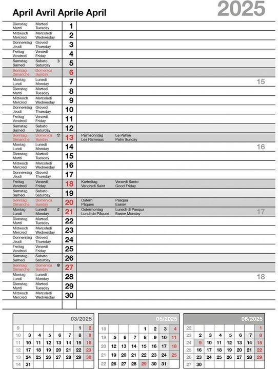 Nährwerte und Zutaten 4-Monatskalender Bürokalender 21 x 29.7 cm (21 x 29.7 cm, Deutsch, Französisch, Italienisch, Englisch)